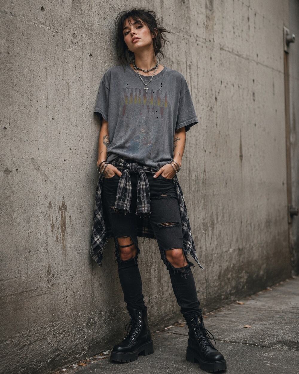 Nirvana Band Unplugged Distressed Graphic Tee Grunge Gray Women's One Size